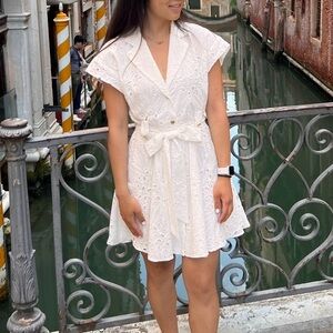 Zara White Embroidered Belted Dress